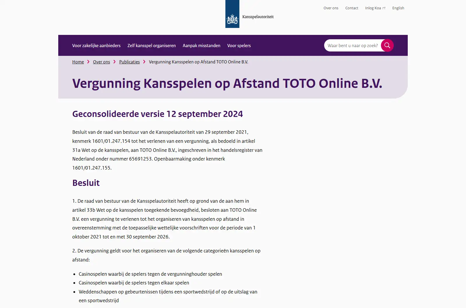 Ksa-vergunningspagina voor TOTO Online B.V. met de huidige vergunningsperiode