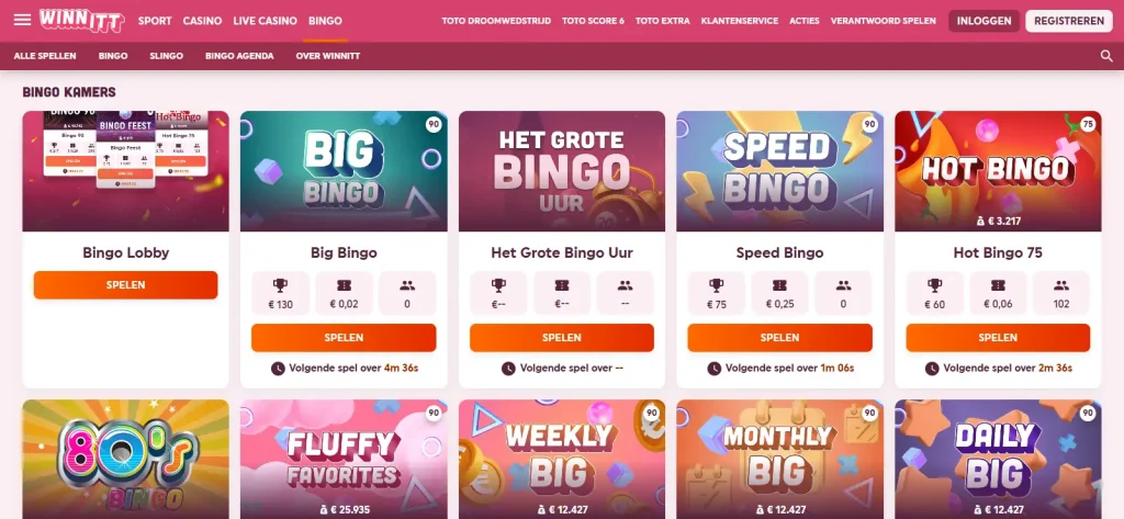 Actuele officiële Winnitt Bingo-lobby met zichtbare bingokamers en navigatie