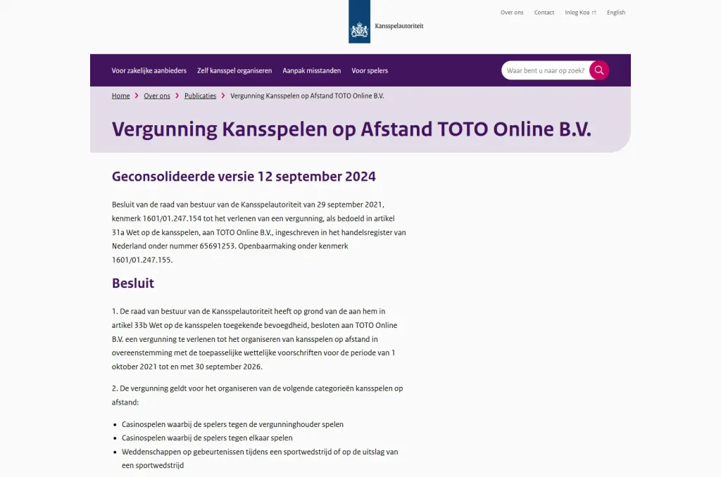 Ksa-vergunningspagina voor TOTO Online B.V. met vergunningperiode tot en met 30 september 2026