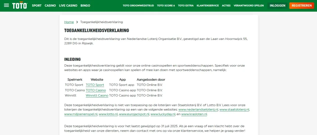 Officiële toegankelijkheidsverklaring van TOTO waarin Winnitt aan de TOTO Casino app is gekoppeld