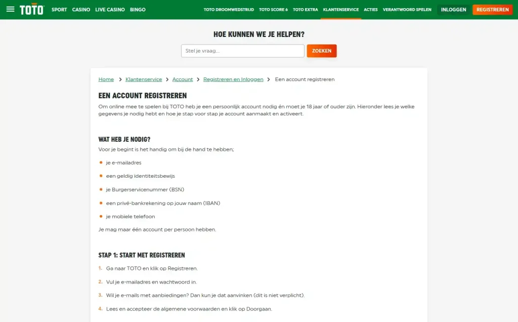 Officiële TOTO-registratiepagina met uitleg over identiteitscontrole, privé-IBAN en accountactivatie voor Winnitt
