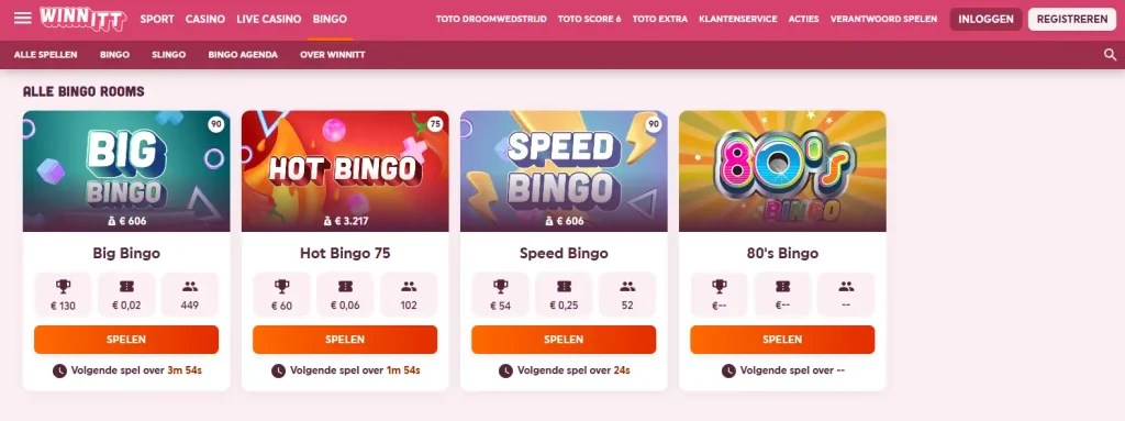 Officiële Winnitt-pagina met de op dat moment zichtbare bingokamers