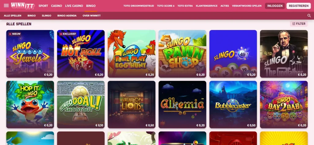 Officiële Winnitt spellenpagina met filters, providerlijst en de actuele teller van 125 spellen