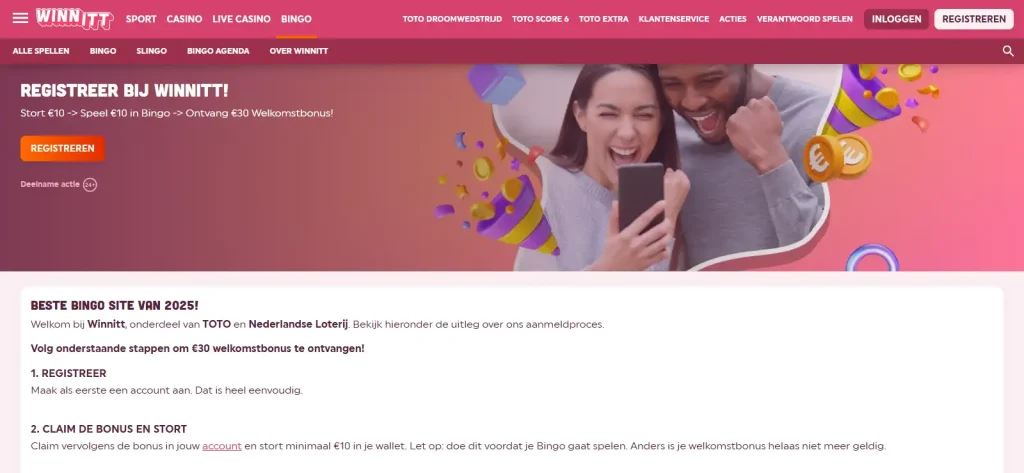 Officiële Winnitt welkomstbonuspagina met 30 euro bonus, de stappen en de 24+ vermelding